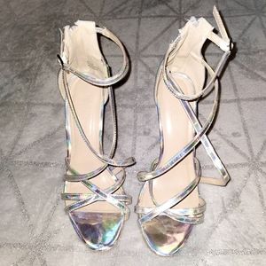 Holographic Strappy Caged Heels